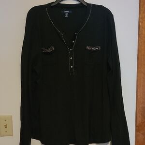 Chaps Womens Black Long Sleeve Top With Beaded Accent SZ 1X